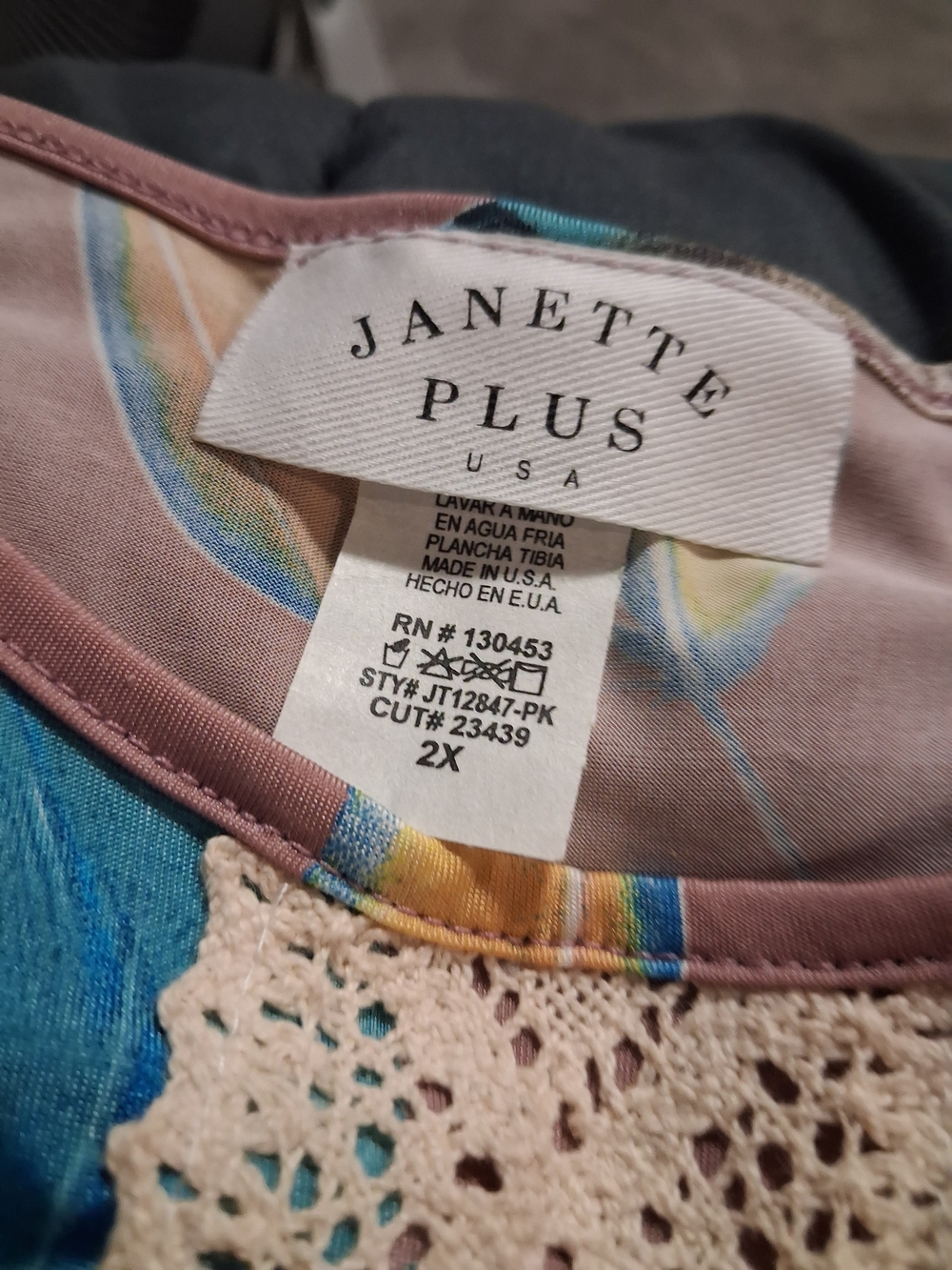 Janette Plus Pink & Blue Lace-Trim TunicTop - 2X
